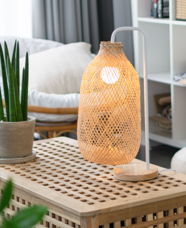 Industrial Farmhouse Table Lamp With A Wood Base And White Metal Stand