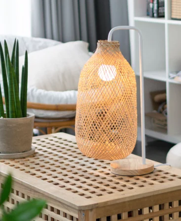 Industrial Farmhouse Table Lamp With A Wood Base And White Metal Stand