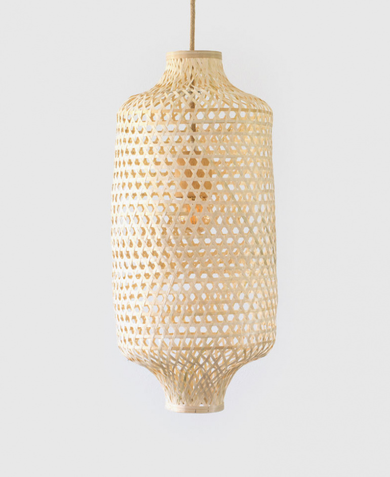 A Tall Chinese Lantern Style Shape Woven Bamboo Pendant