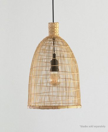 A black hardwired pendant light kit with a bamboo shade suspended on the light cord.