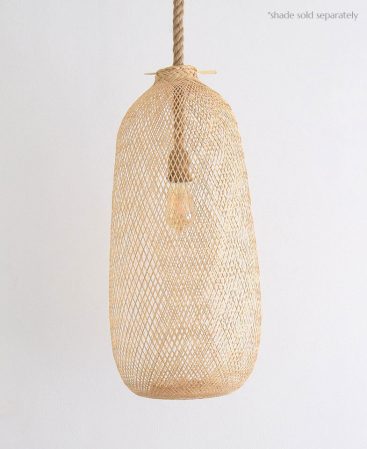 A chunky twisted rope pendant light kit with a bamboo light shade.