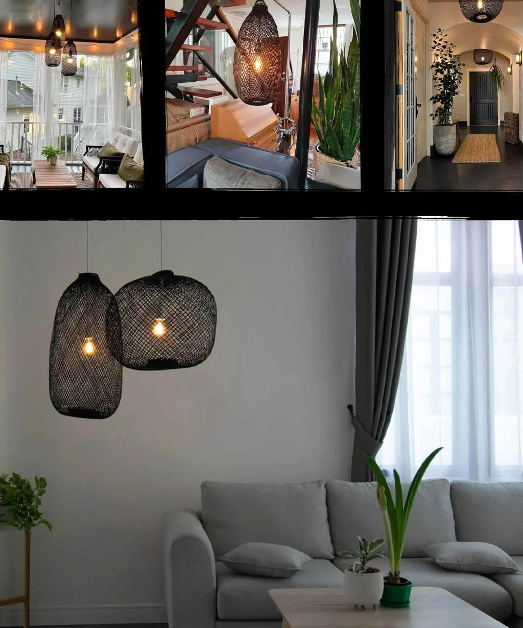 A collage showing how black light fixtures work well in modern, moody and gothic interior design.