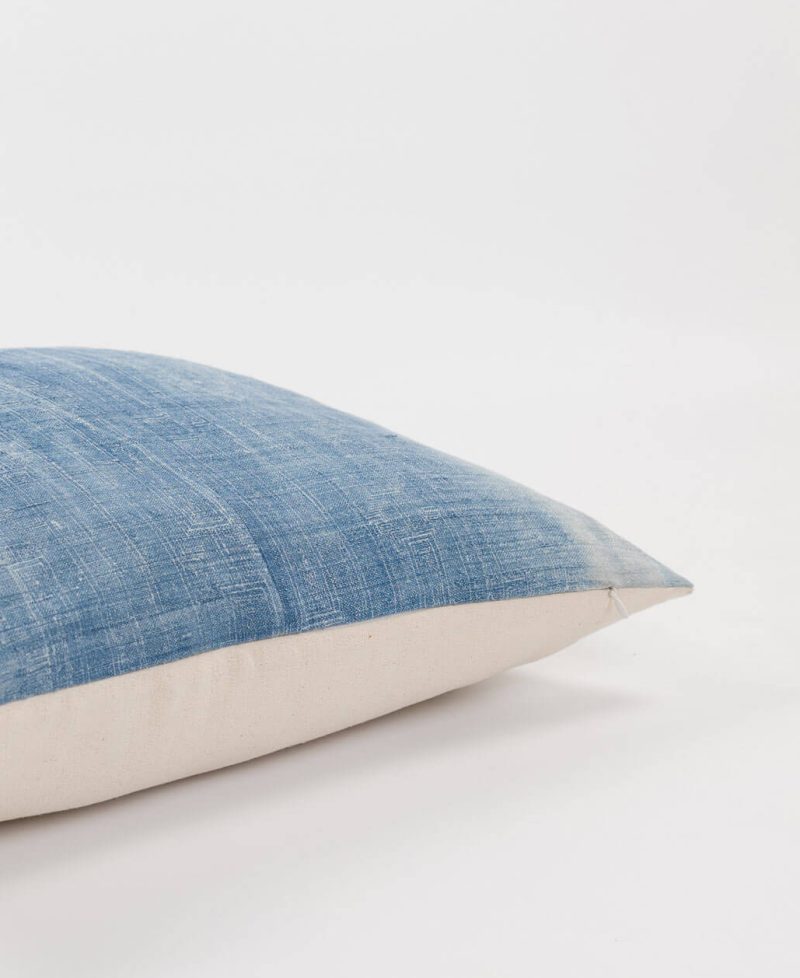 A cushion made with eco-friendly fabric and vintage indigo hemp.
