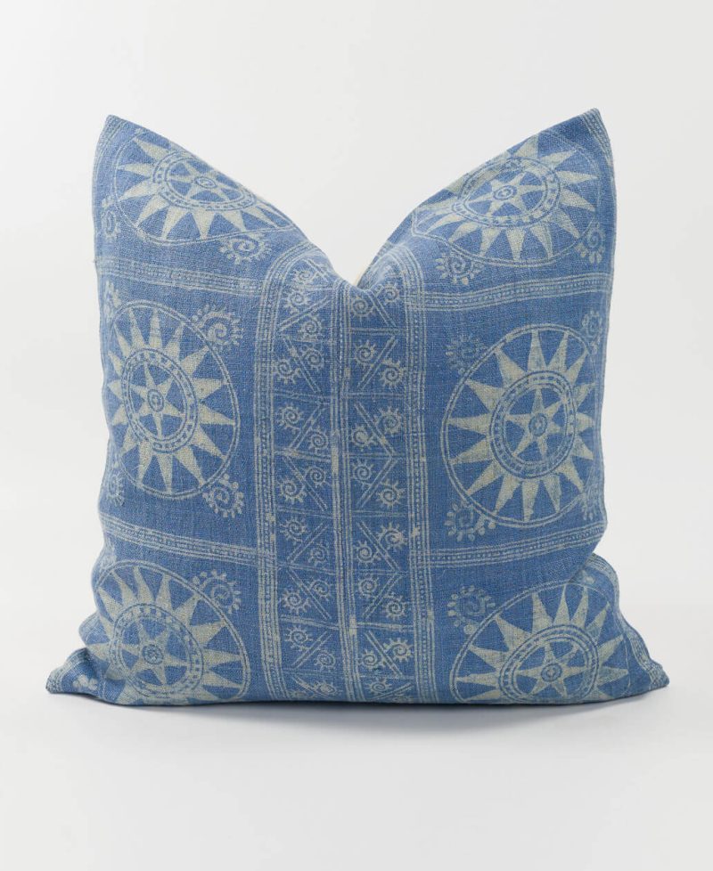 A rare ethnic pillow cover with indigo hemp batik designs.