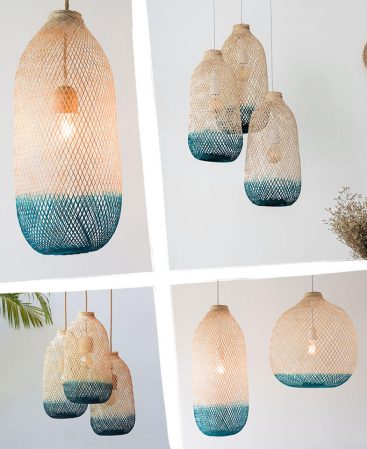A selection of teal color natural wood lighting in various sizes.