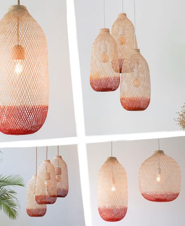 A variety of dyed wood, rusty-orange bronze light shade fixtures.