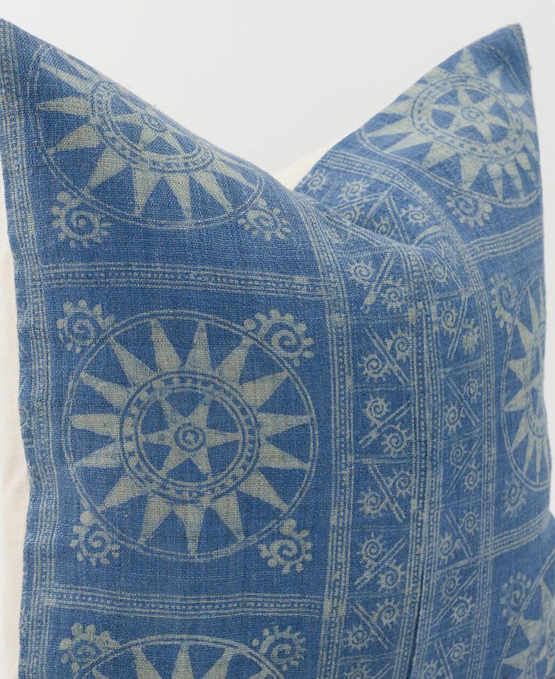 An indigo batik pillow cover using vintage tribal fabric.