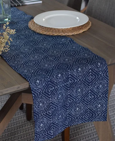 Batik indigo table runner with straight end.