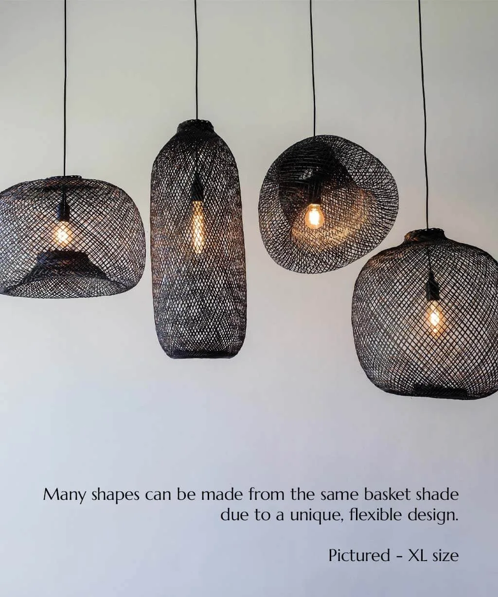 Black light fitting and shades in various shapes and sizes.