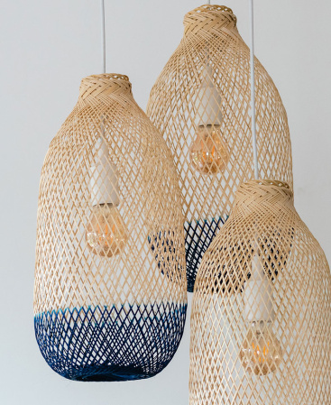 Blue Two Tone Bamboo Pendant Light Set - Triple Cluster Canopy