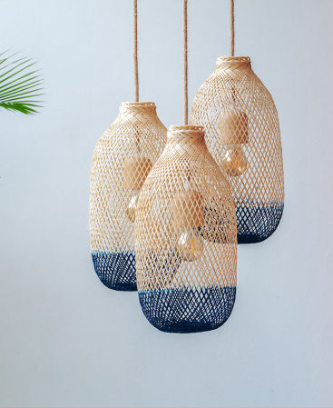 Blue Two Tone Bamboo Pendant Light Set - Triple Cluster Canopy