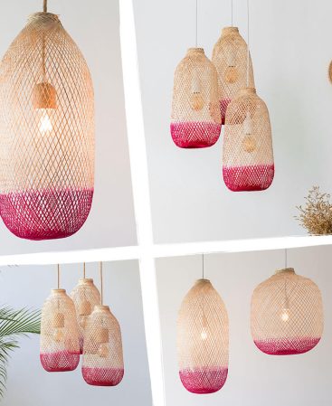 Boho pendant lights with pink color accents.