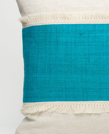 Raw Hill Tribe Hemp Striped Tassel Fringe Throw Cushion - Teal Blue