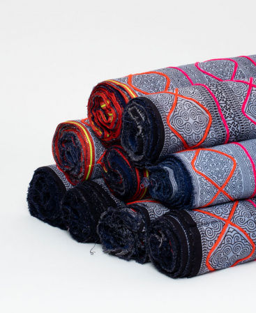 Colorful Hill Tribe Indigo Batik Embroidered Fabric Rolls - 13" Wide