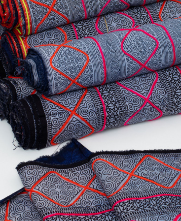 Colorful Hill Tribe Indigo Batik Embroidered Fabric Rolls - 13" Wide