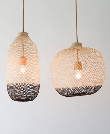 Brown oak pendant light fixtures with natural rope light cords.