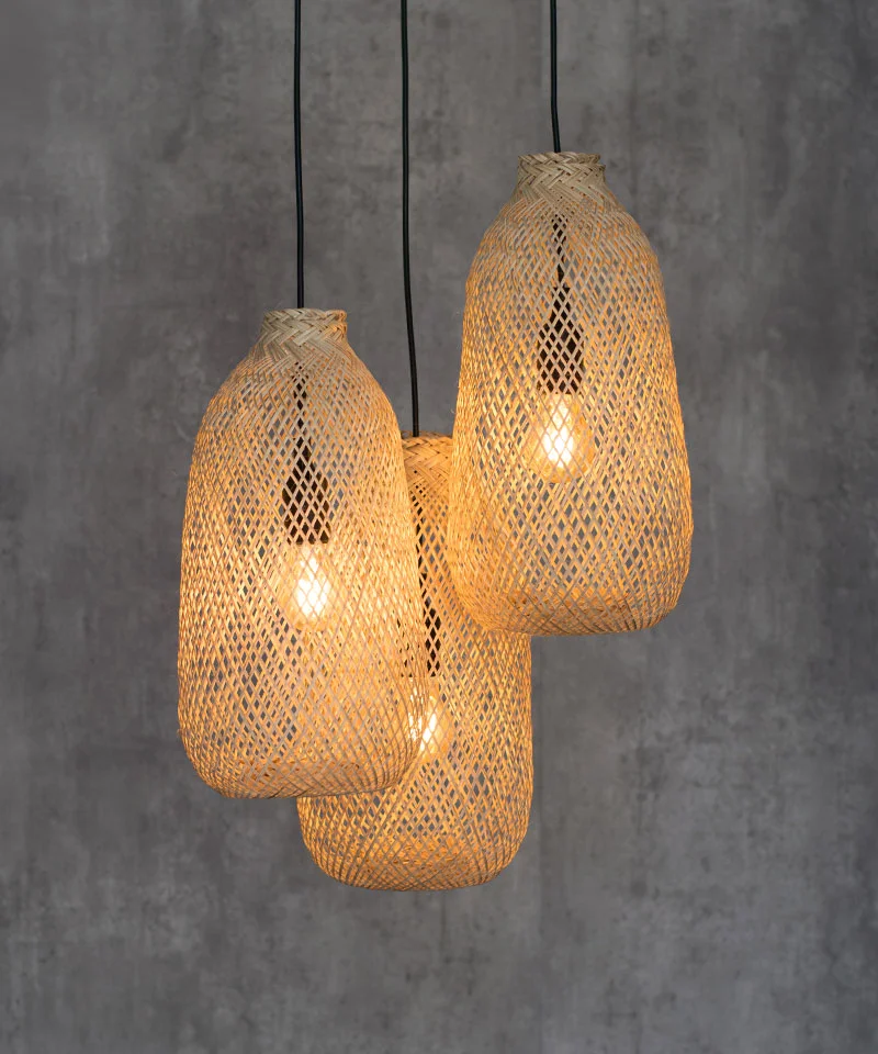 Classic Bamboo Pendant Light Set - Triple Cluster Canopy