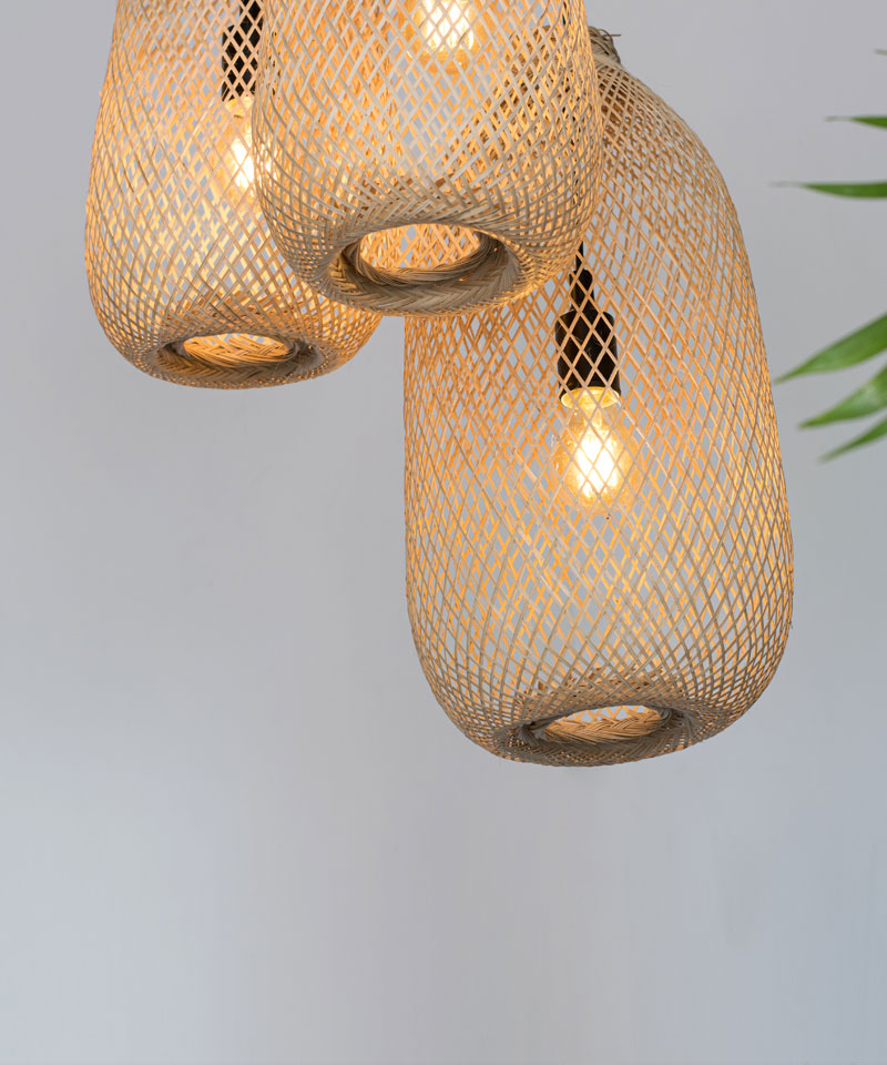 Classic Bamboo Pendant Light Set - Triple Cluster Canopy