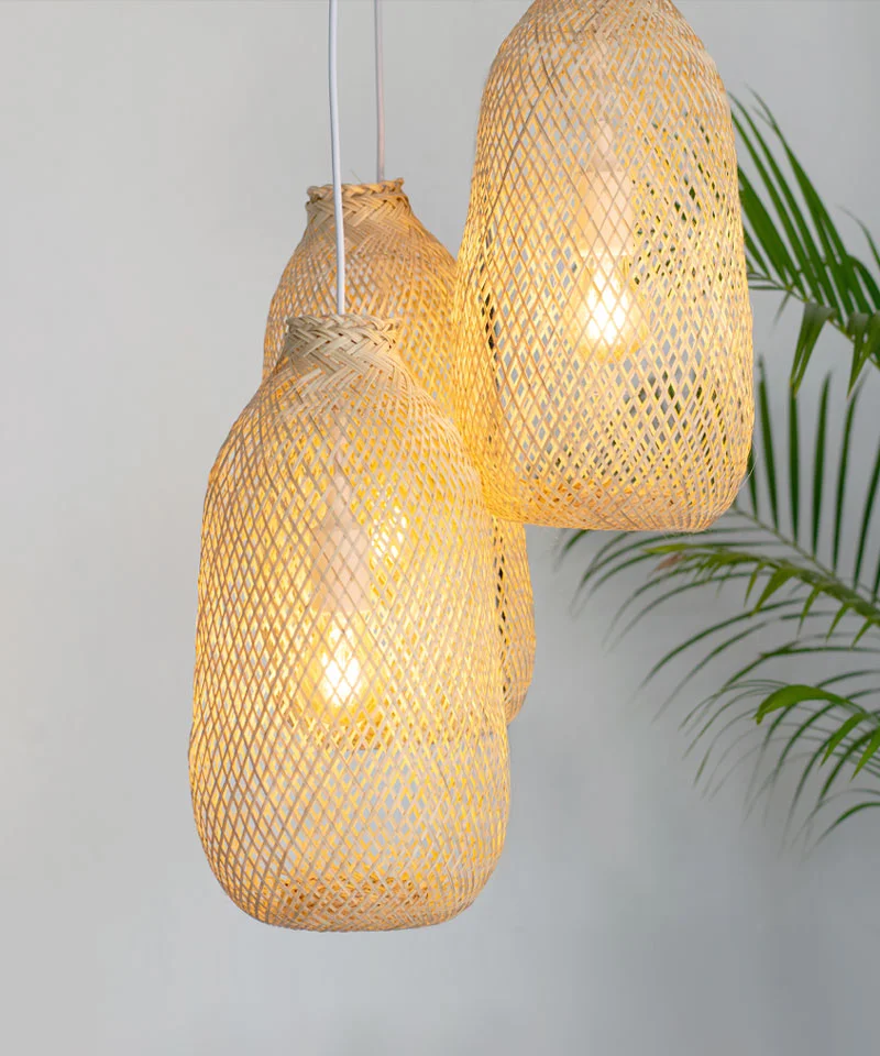 Classic Bamboo Pendant Light Set - Triple Cluster Canopy