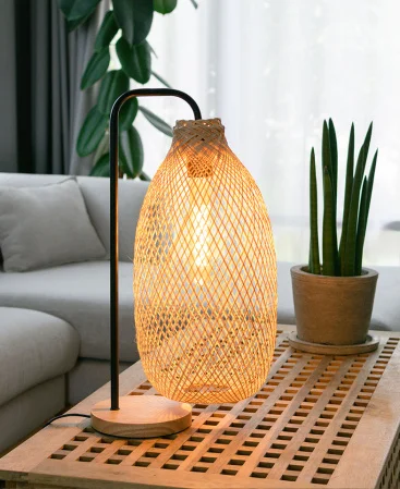 Classic Bamboo Rattan Table Lamp - A Black Table Lamp With Natural Wood Base