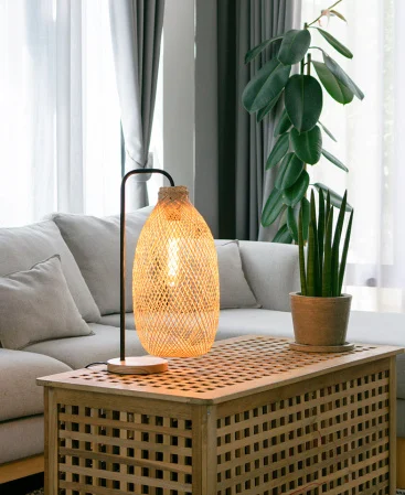 Natural Bamboo Rattan Table Lamp With Long Edison Bulb Inside