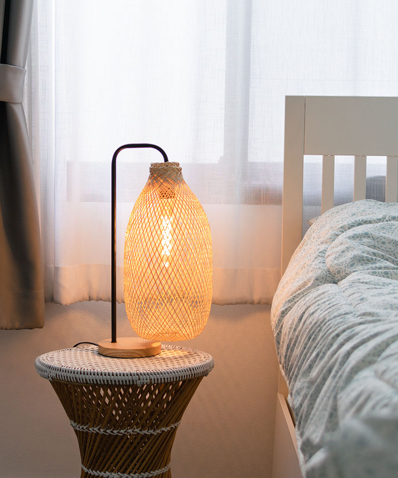 Classic Bamboo Rattan Table Lamp - A Black Table Lamp With Natural Wood Base