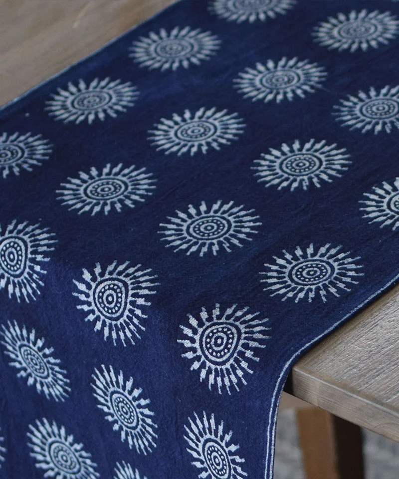 Hill Tribe Fabric White & Blue Table Runner