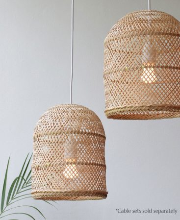 Converting woven baskets into light shades.