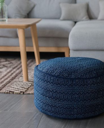 Dark indigo blue floor pouf cushion filled with natural kapok.