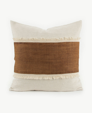 Earthy Brown Raw Hill Tribe Hemp Striped Tassel Fringe Throw Cushion