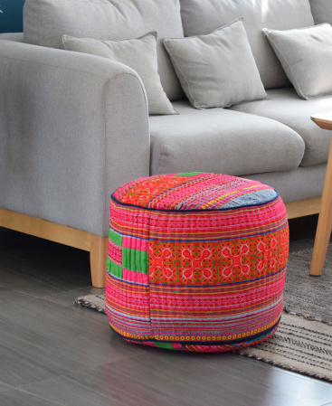 Hmong Hill Tribe Textile Embroidered Ottoman Pouf