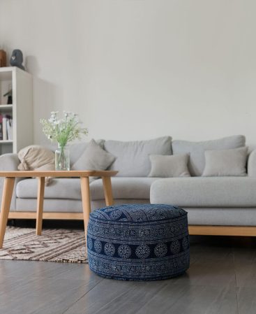 Ethnic pouf floor cushion made from tribal fabric.