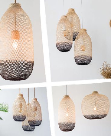 Examples of oak brown pendant light fixtures in various sizes and styles.