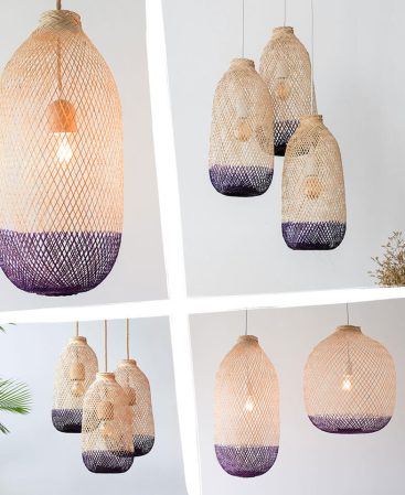 Examples of suspended bamboo rattan light shades with purple color tones.