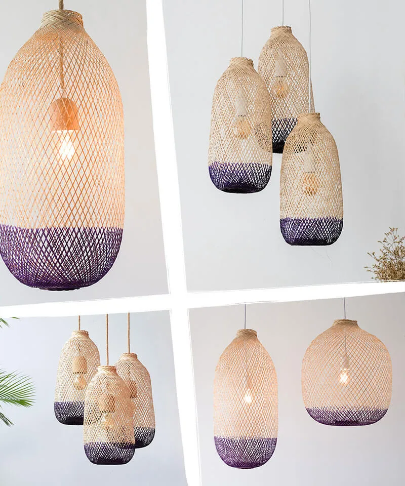 Examples of suspended bamboo rattan light shades with purple color tones.