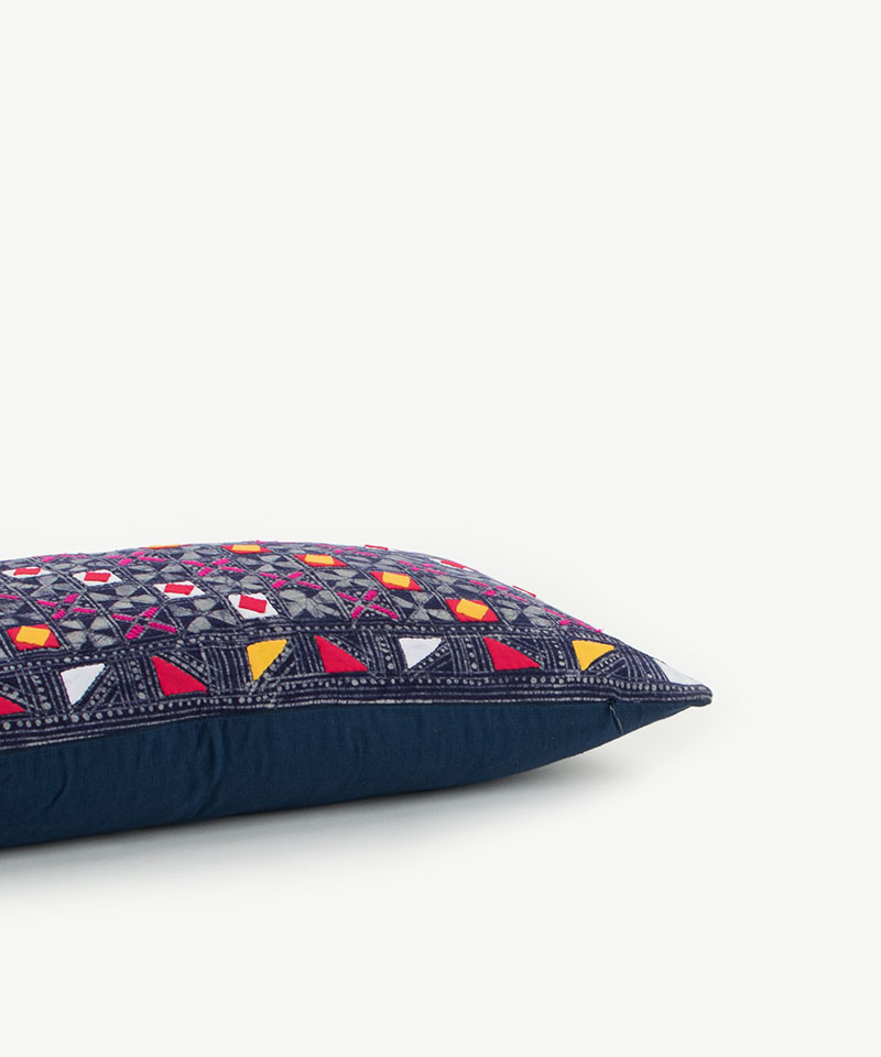 Hill Tribe Indigo Batik Lumbar Cushion Embroidered With Colorful Shapes