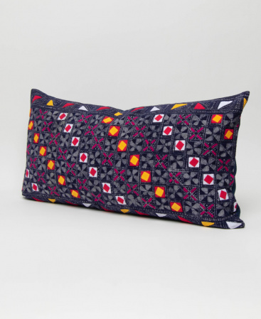Hill Tribe Indigo Batik Lumbar Cushion Embroidered With Colorful Shapes