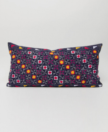 Hill Tribe Indigo Batik Lumbar Cushion Embroidered With Colorful Shapes (3)