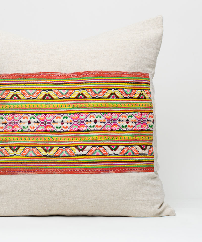 Hmong Hill Tribe Colorful Patch & Hemp Throw Cushion