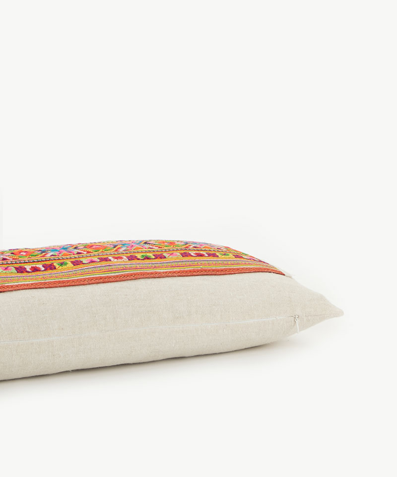 Hmong Hill Tribe Dress Patch & Hemp Lumbar Throw Cushion