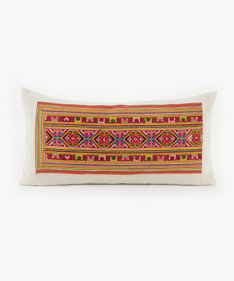 Hmong Hill Tribe Dress Patch & Hemp Lumbar Throw Cushion