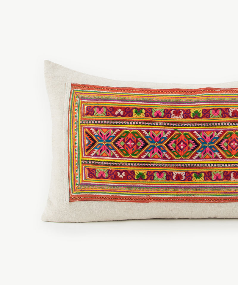 Hmong Hill Tribe Dress Patch & Hemp Lumbar Throw Cushion