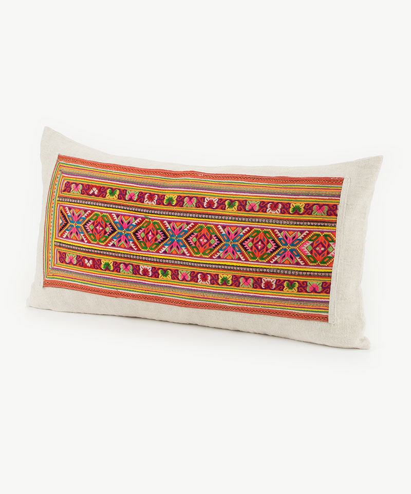 Hmong Hill Tribe Dress Patch & Hemp Lumbar Throw Cushion