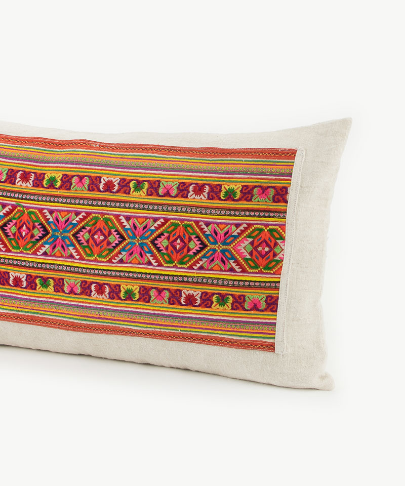 Hmong Hill Tribe Dress Patch & Hemp Lumbar Throw Cushion