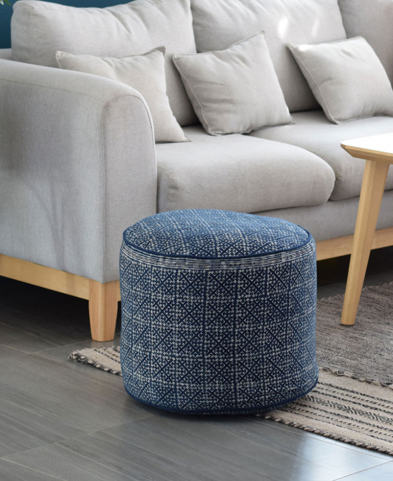 Hmong Hill Tribe Indigo Batik Fabric Ottoman Pouf