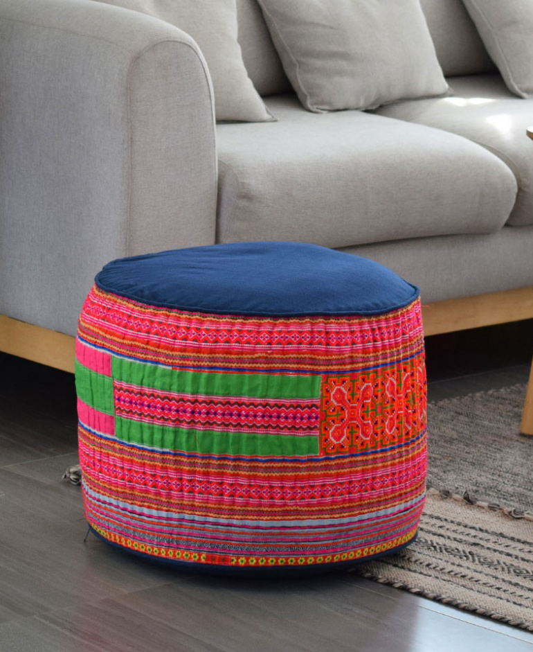 Pouf Marocain En Soie Sabra Tissée - Bleu Rayé - Commerce équitable - Neuf (Terrapin Trading Ltd)