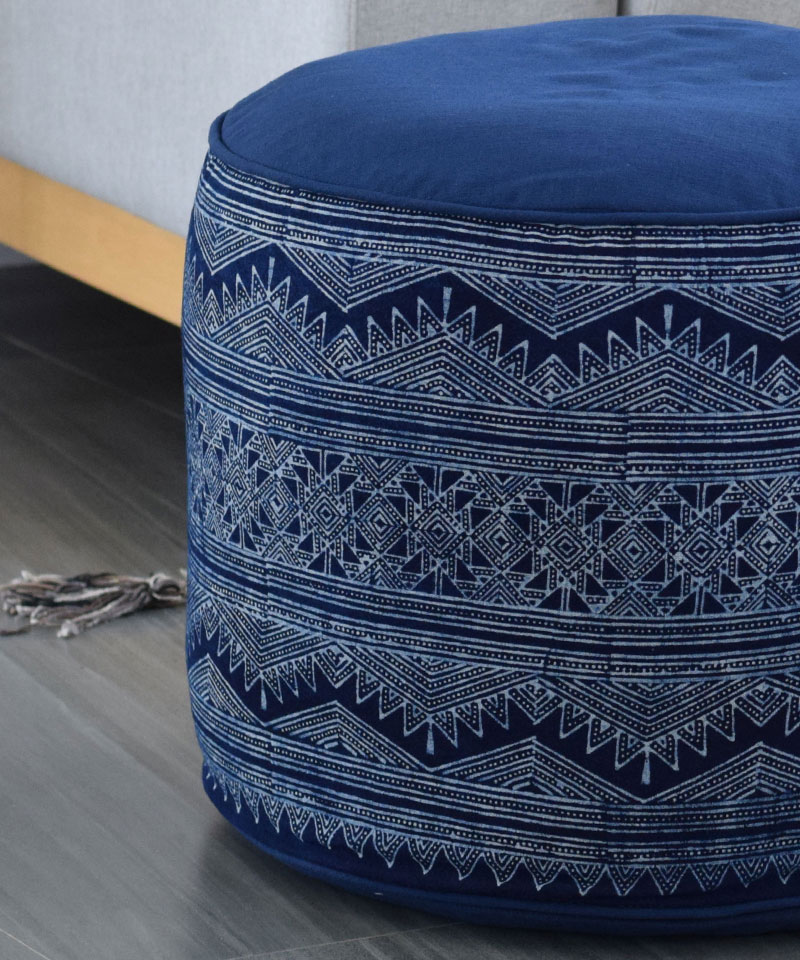 Indigo Batik Ottoman Pouf Blue White Hmong Hill Tribe Fabric