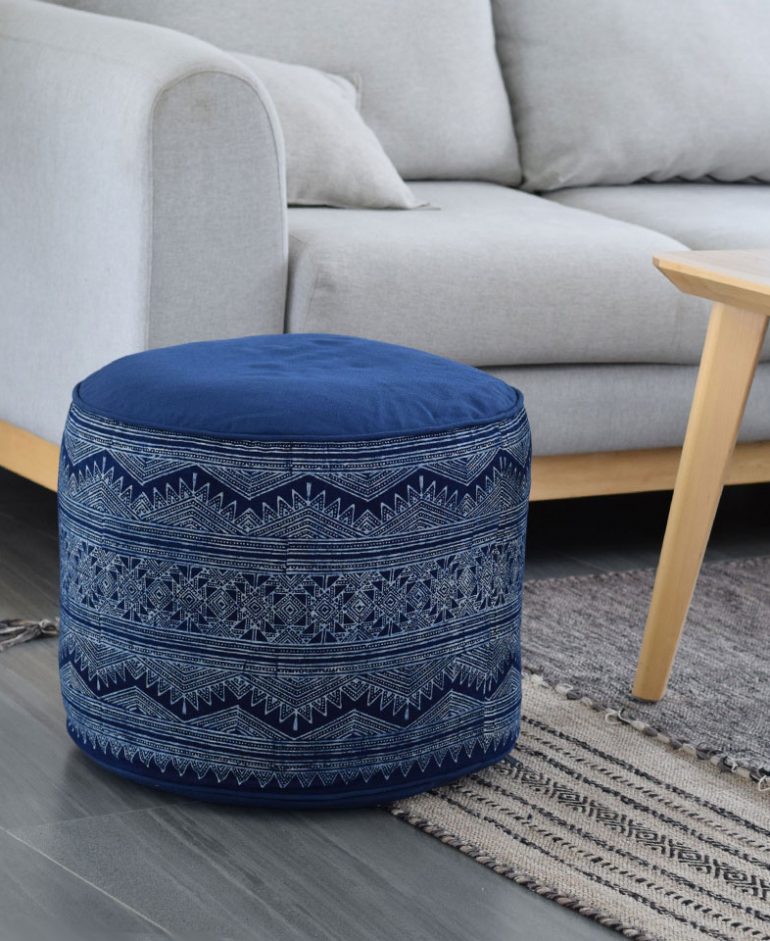 Indigo Batik Ottoman Pouf w/ Hmong Hill Tribe Fabric