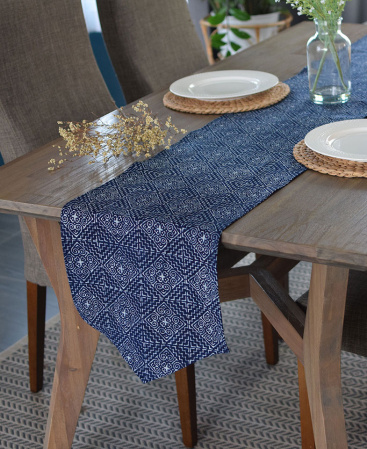 Indigo table runner with tapered end.