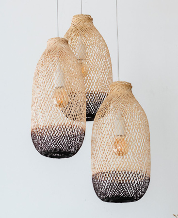 Brown Two Tone Bamboo Pendant Light Set - Triple Cluster Canopy
